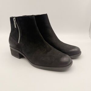 Lucky Brand Black Leather Ankle Boot Side Zip Burnished Low Heel Bootie 8